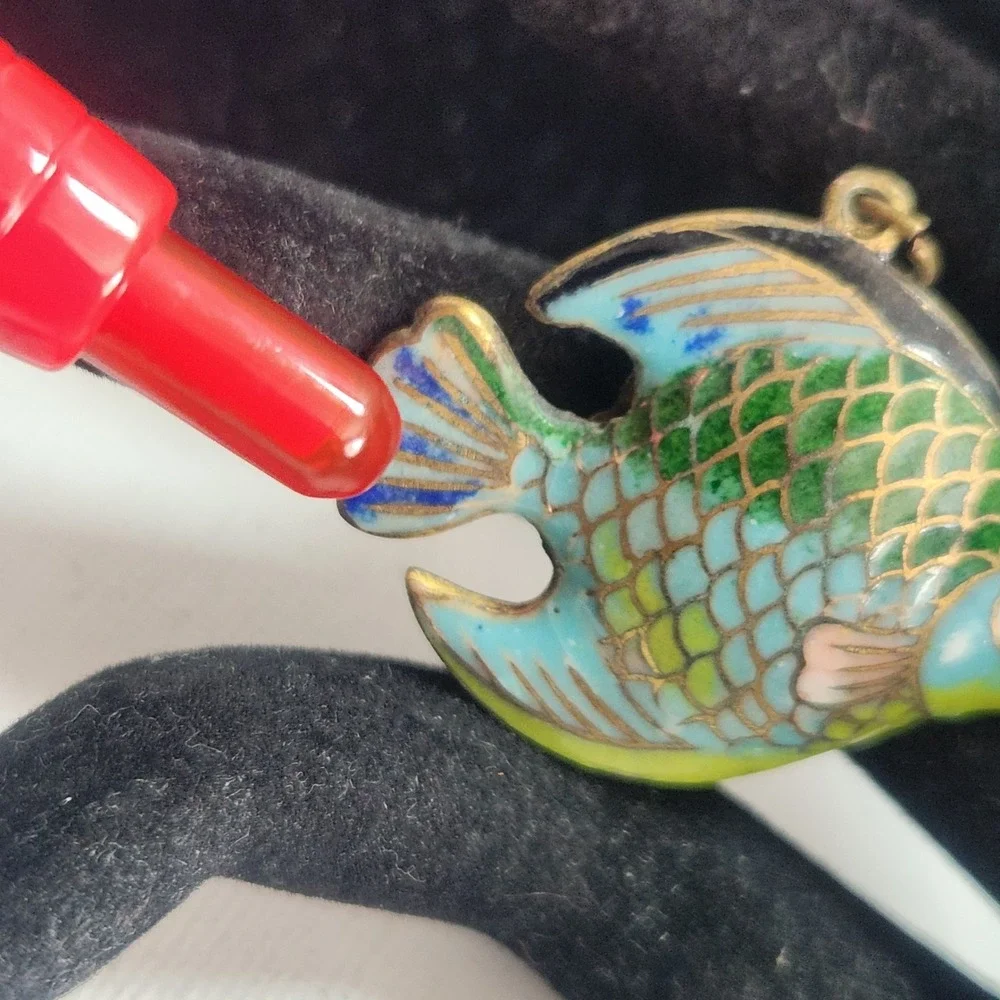 Vintage‎ Cloisonne Enamel Fish Pendant Blue Green Tropical Charm Double Sided